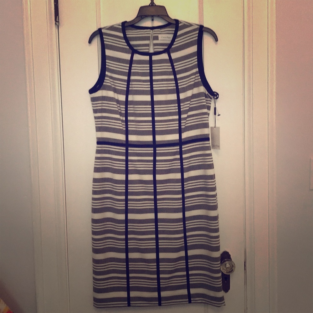 Calvin Klein Grey, white, black piping dress